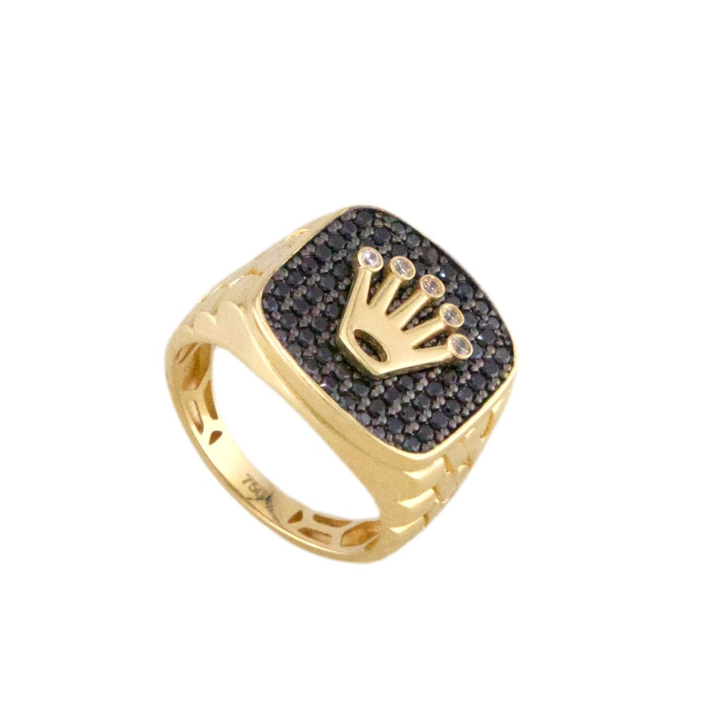 Black Zirconia Crown Ring 18K Italian Gold Size S 9 Weight 6.2G