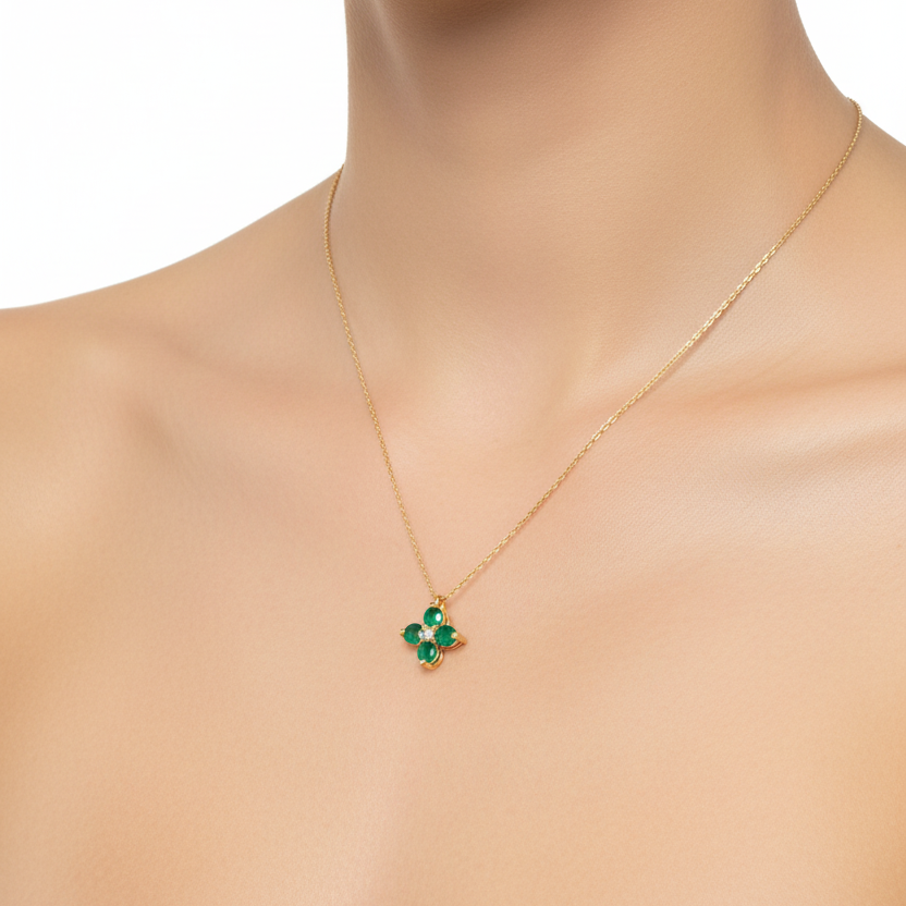 Diamond Emerald Flower Necklace