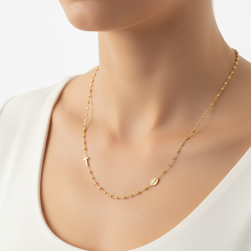 Rosary Necklace 18K Italian Gold Size 17in x 2.4mm Weight 3.4g
