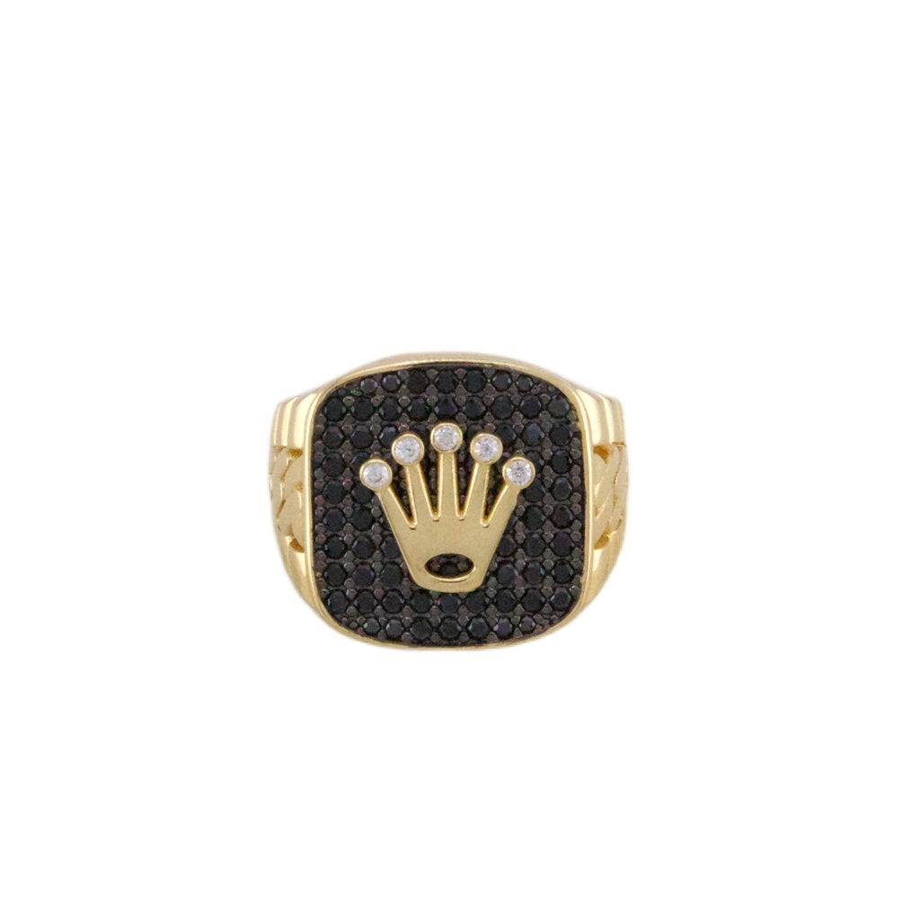 Black Zirconia Crown Ring 18K Italian Gold Size S 9 Weight 6.2G