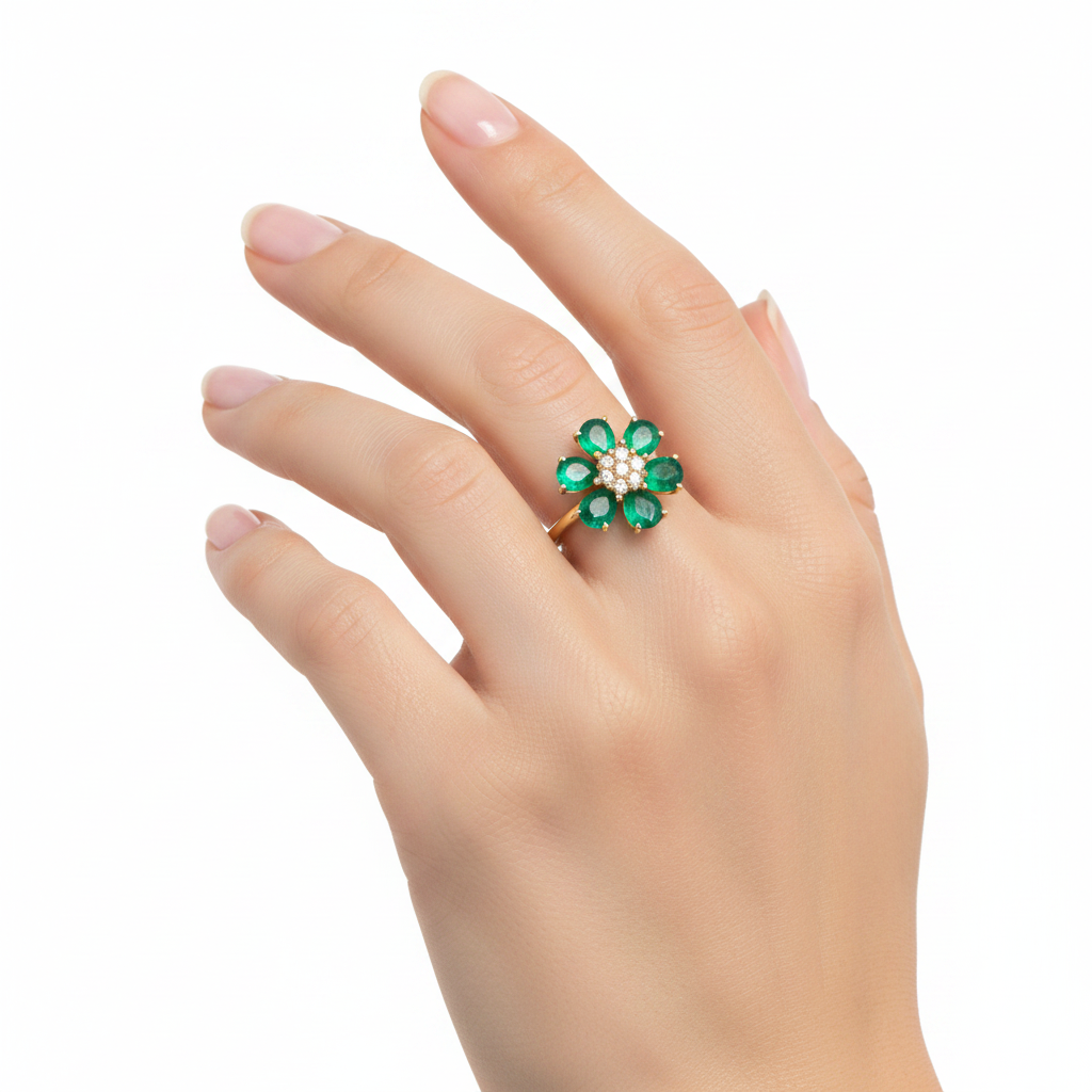 Flower Emerald & Diamond Ring