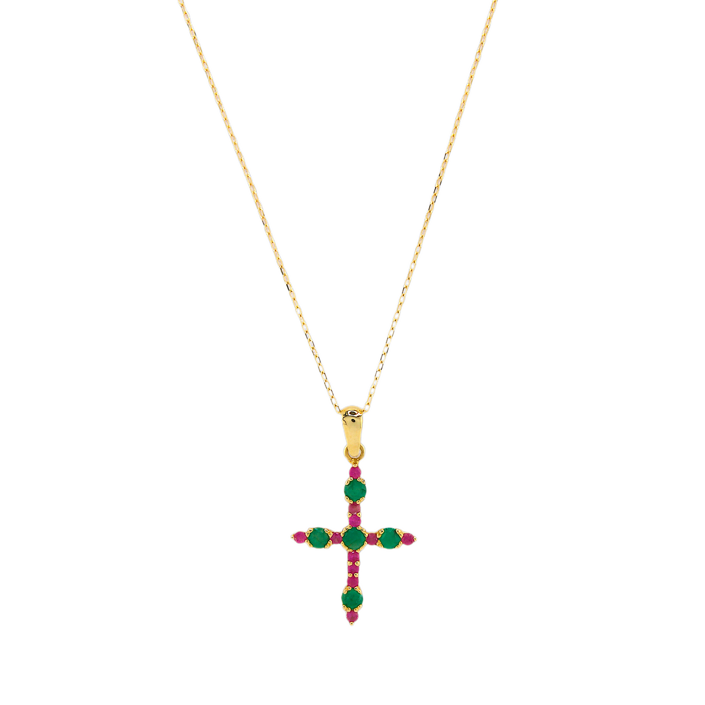 Genuine Ruby & Emerald Cross Stone Necklace