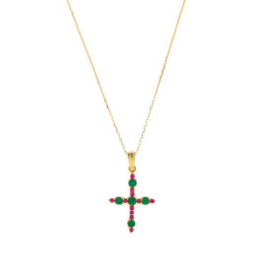 Genuine Ruby & Emerald Cross Stone Necklace