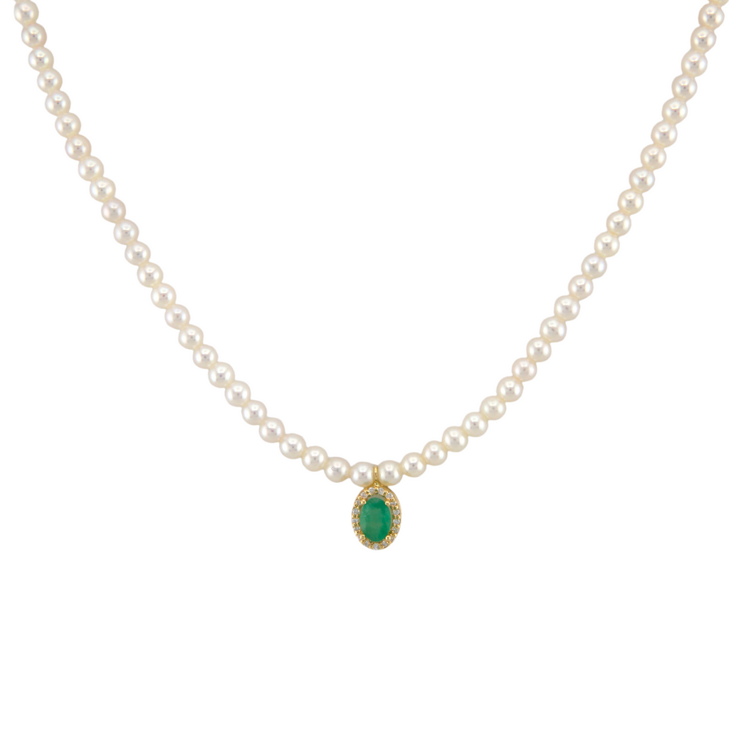 White Pearl Emerald & Diamond Necklace