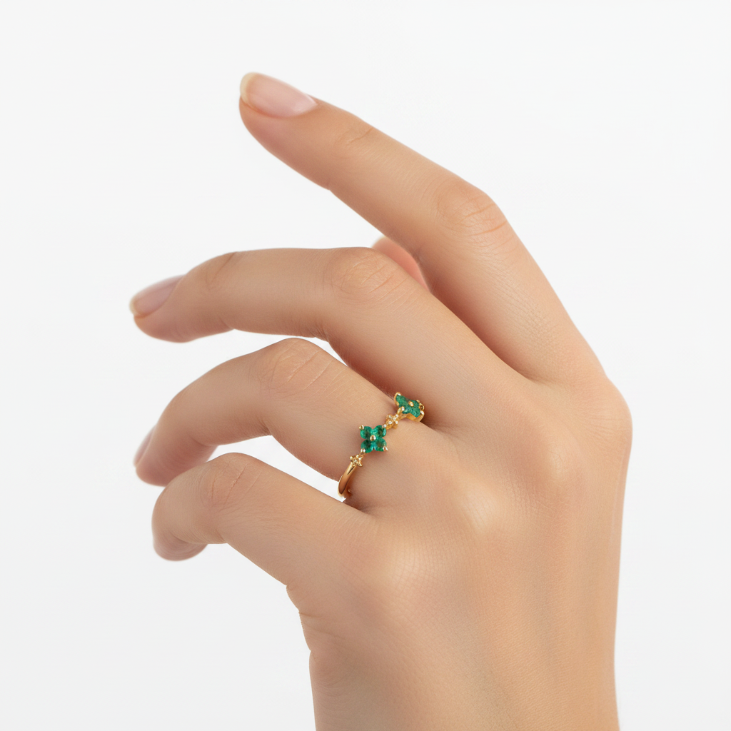 Three Flowers Emerald Ring
