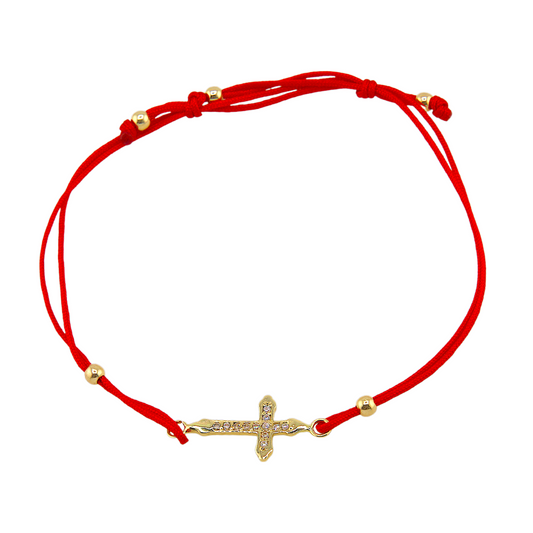 Gold Red String Cross Bracelet