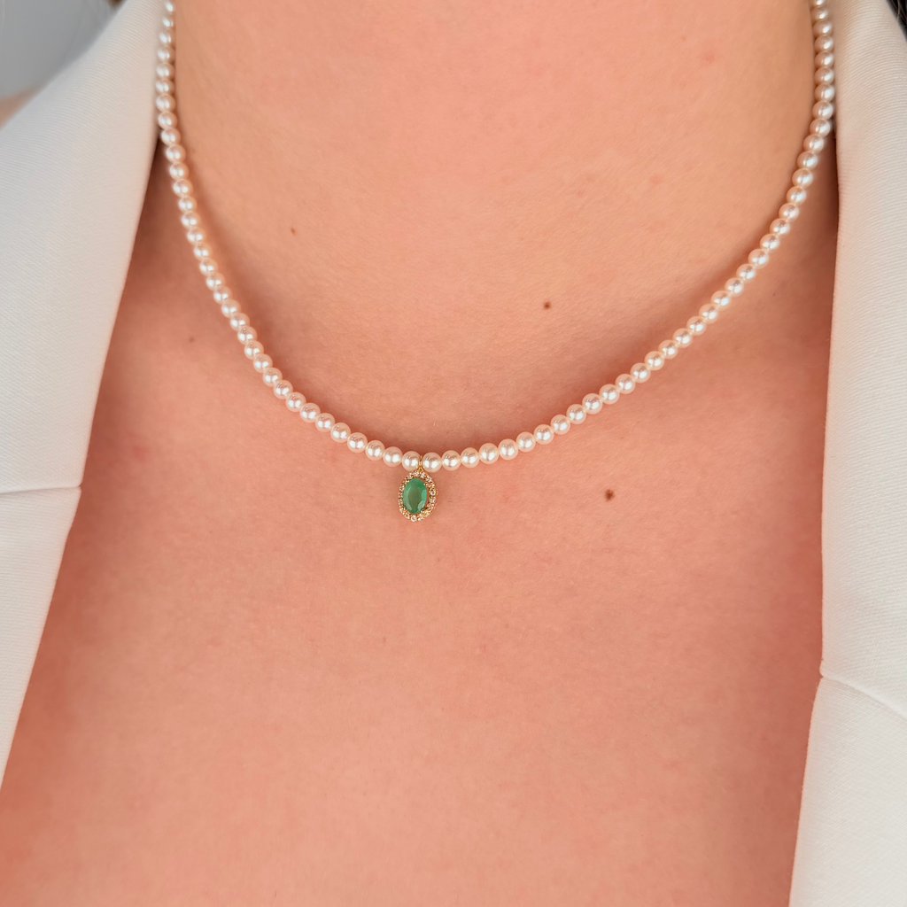 White Pearl Emerald & Diamond Necklace