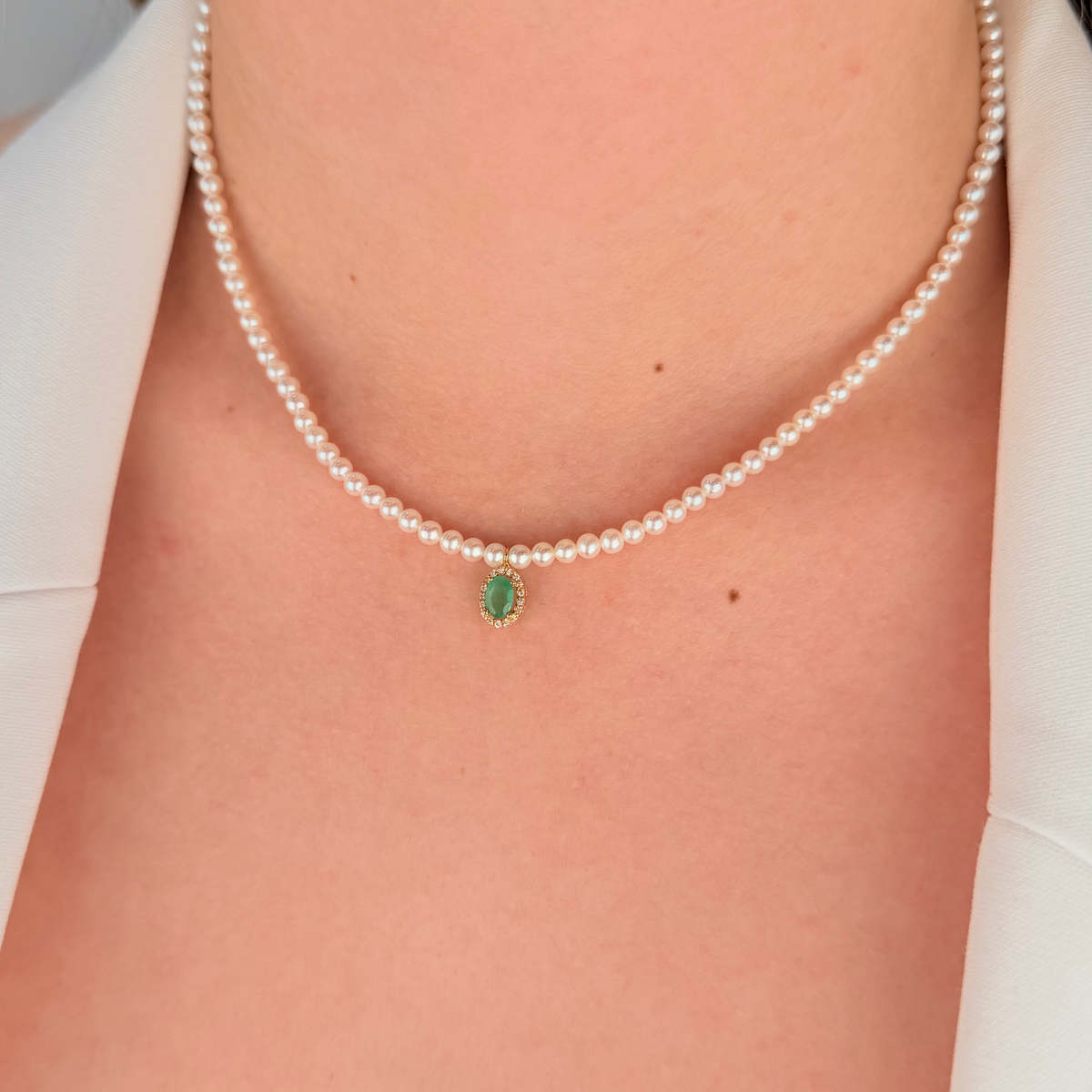 White Pearl Emerald & Diamond Necklace