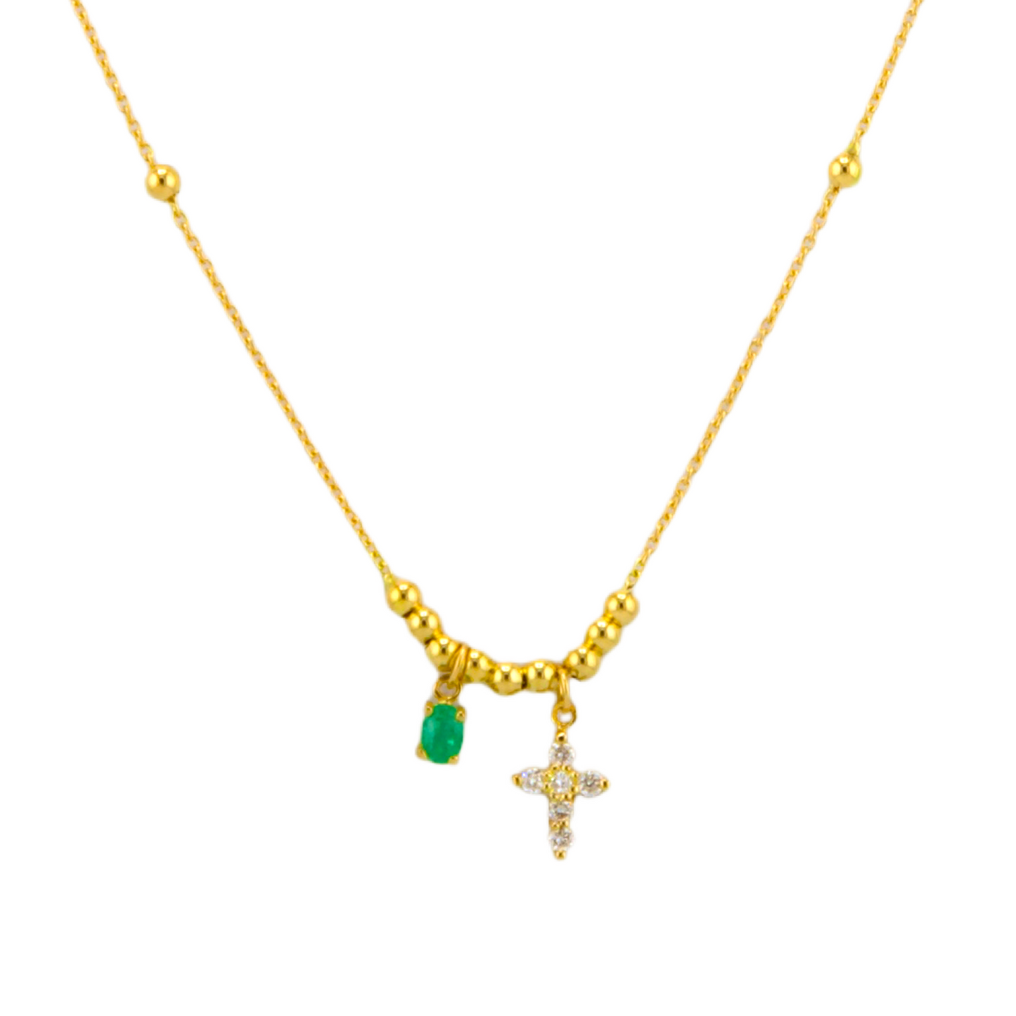 Diamond Cross and Genuine Emerald Necklace